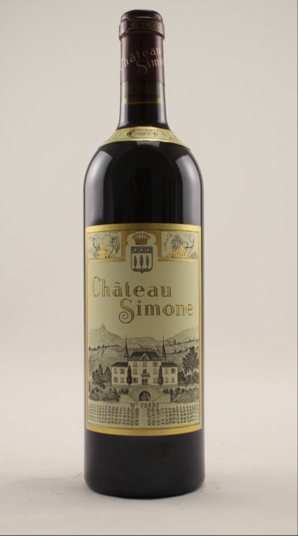 Bottle of Château Simone Palette blanc, showcasing this rare and historic Provencal white wine made from old-vine Clairette.