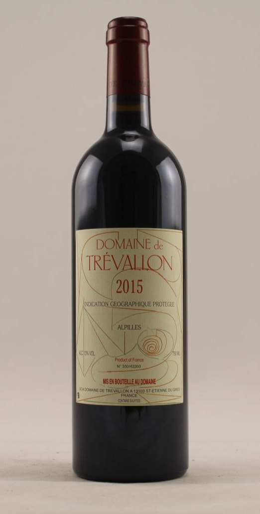 Bottle of Domaine de Trévallon Alpilles rouge, a cult Cabernet Sauvignon and Syrah blend from the stony foothills of the Alpilles.